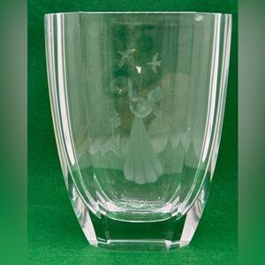 VINTAGE ORREFORS SIGNED CRYSTAL VASE ETCHED GIRL FLYING BIRDS 5”